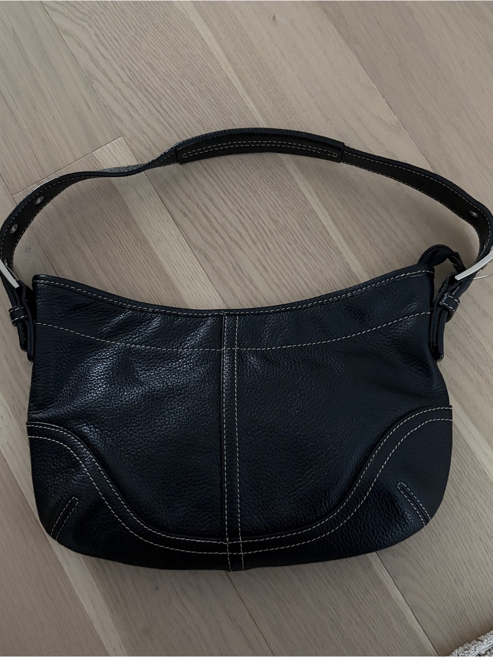 Danier Black Genuine Leather Shoulder Bag with Contrast Stitching